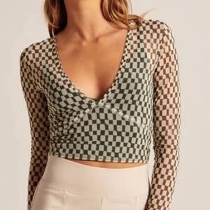 Abercrombie & Fitch Green Checkered Long Sleeve Women's Mesh Top